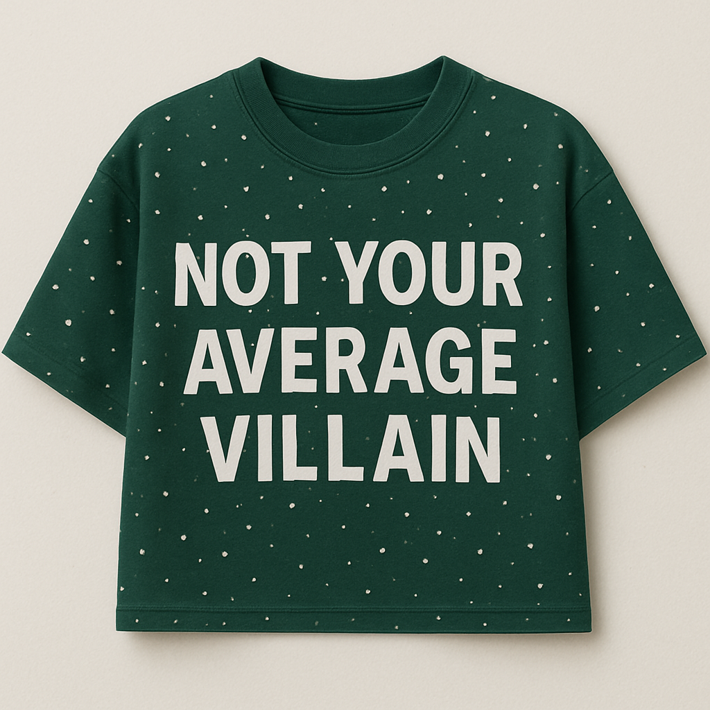 Green t-shirt with 'Not Your Average Villain' text on a beige background