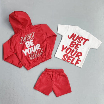 Just Be Yourself Windbreaker Short Set (Red/White)