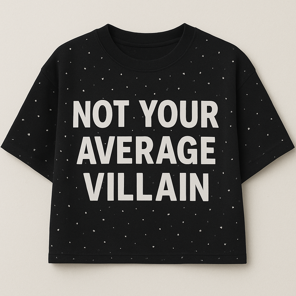 Black t-shirt with 'Not Your Average Villain' text on a light gray background